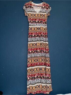Olsenboye Striped Floral Maxi Dress in Red, Black, Tan & White